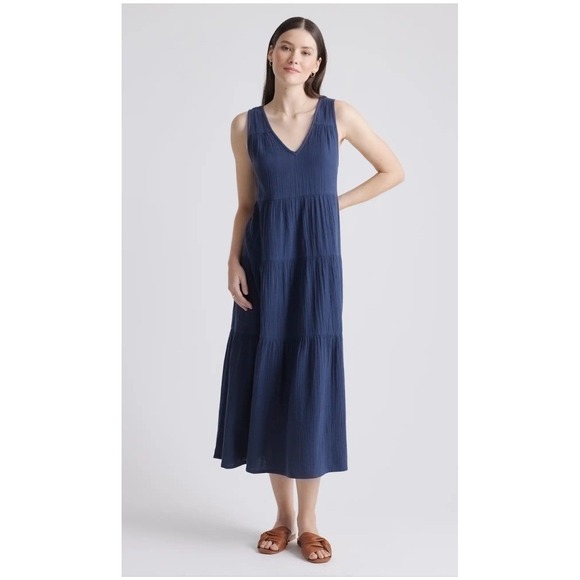 Quince Dresses & Skirts - Quince 100% Organic Cotton Gauze Tiered Maxi Dress Indigo Blue Medium